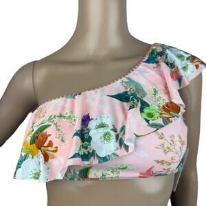 NWT Isabella Rose Blossoms Pink Floral Ruffled One Shoulder Bikini Top – Size L